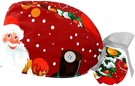 Medicinske kape za žene sa tipkama Long Hair, 2 komada podesiva radna kapa, crveno božićno drvce Santa Claus Snjegović
