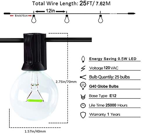 25ft višebojni vanjski string svjetlo - G40 LED patuljasti svjetlo za dvorište ili zabavu, vintage Edison