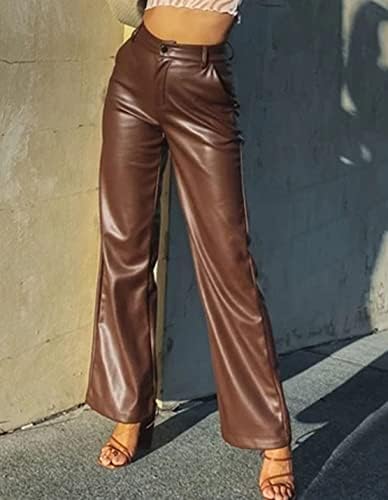 Nommo ženski džep visokog struka ravno široka noga visoko rastezljive pU kožne hlače od kožne izgleda hlače
