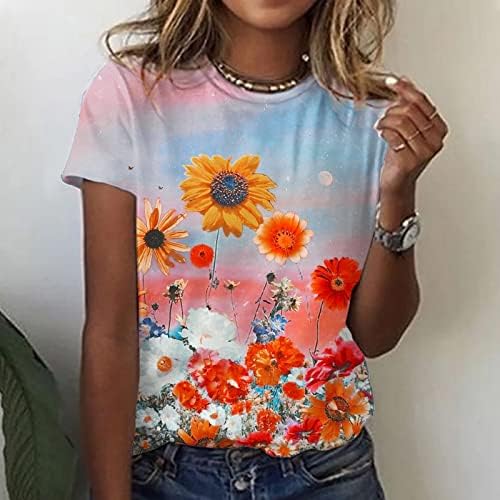 Thirt bluza za ženske jeseni ljetni kratki rukav 2023 pamučni posadni vrat vrat grafički cvjetni casual bluza oj