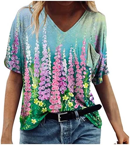Košulje kratkih rukava za žene, cvjetni grafički kratki rukav V-izrez Disovetne košulje Grafička majica