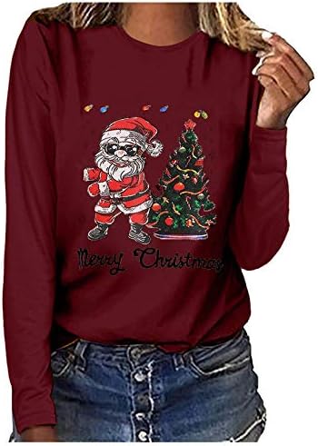 Žene majice s dugim rukavima Rukovnice ružnih santa ispisa vrhovi božićne stablo Grafički tee majica Ležerne