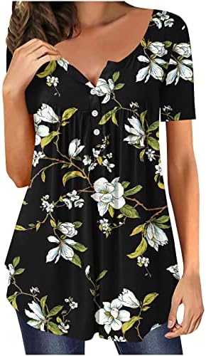 Cvjetni tiskani vrhovi za ženske labave majice kratkih rukava Henley majica okrugli vrat Sakrij trbušni