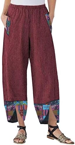 Pamučne lanene hlače za žene Ležerne ljetne kapri hlače s džepovima s visokim strukom udobne hlače na plaži