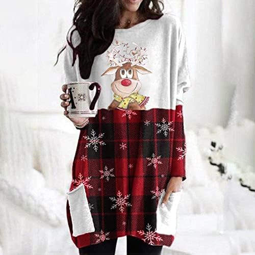 Ženske Casual Mini haljine Božić karirani Print sarafan dugi rukavi Crewneck džep Homecoming pulover haljina