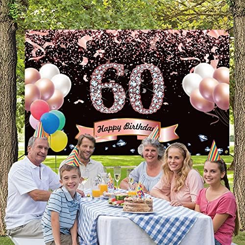 Trgowaul ukrasi za 60. rođendan za žene - baner za rođendansku pozadinu od ružičastog zlata, dekor postera za rođendansku zabavu star 60 godina, pozadina fotografije ukrasa za 60. rođendan
