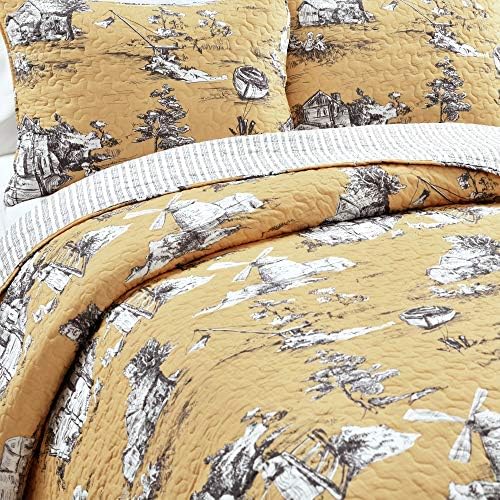 Buzil Decor French Country Toile Pamuk Reverzibilni 3 komad prekrivač, žuta i siva, kralj