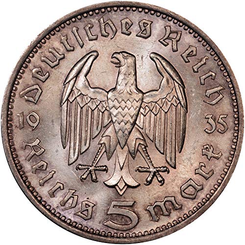 1935 -1936 Hindenburg Silver 5 Reichsmarmark novčića, nacistička era no svastika. Napravljeno u čast njemačkog predsjednika i WW1 generala. 5 Reichsmarmark ocijenjen od strane prodavača cirkuliranog stanja