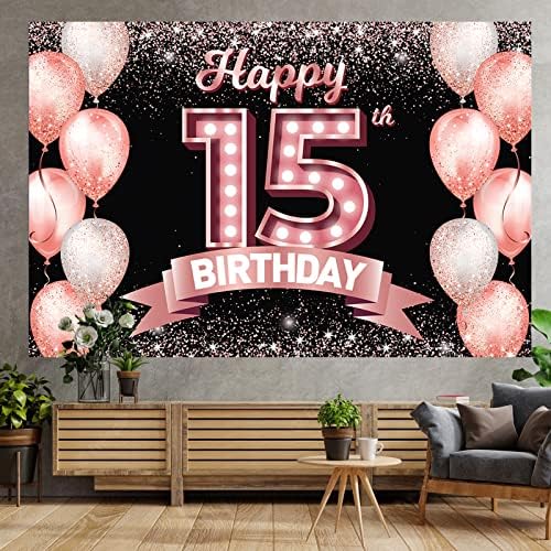 Sretan 15. rođendan Rose Gold Banner pozadina Cheers to 15 godina konfeti baloni tema dekor dekoracije za