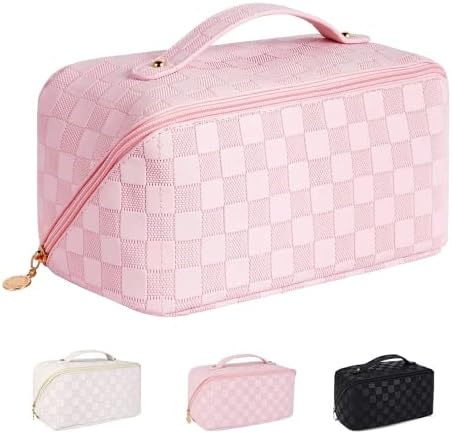 YUNZSXJY kozmetička torba velikog kapaciteta putna torba za šminkanje za žene s Prijenosnom ručkom, otvara se ravna multifunkcionalna karirana torba za šminkanje vodootporna toaletna torba od PU kože, Pink