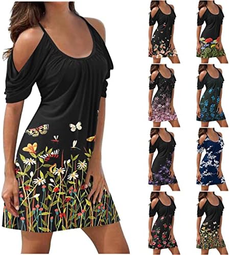 Žene Ljetne casual majice Haljine hladno rame s kratkim rukavima na plaži sa rukom sa slobodnom planom sa labavim plusom Floral Boho Shift mini haljina
