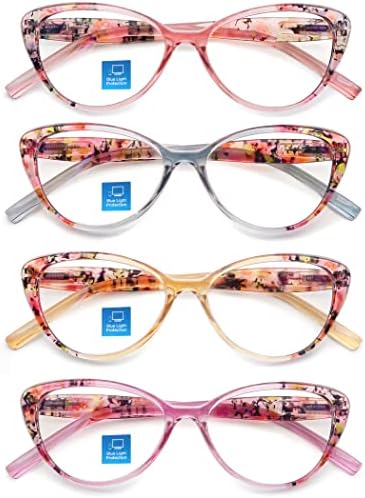 Heeyyok naočare za čitanje sa 4 pakovanja plavog svjetla za žene, računarski čitači sa opružnim šarkama, naočare protiv UV Cateye