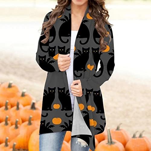 Žene Halloween Cat Print Pleteti Cardigan Dugi rukav Otvoreni prednji pleteni džemper Okožnice vrhovi džemperi