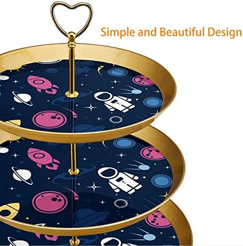 Spaceship Moon Space Cupcake Držač za pecivo, 3 slojevi plastični zlatni zastoj za stol za desert, kula