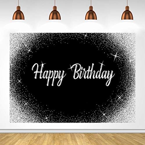 Happy Birthday Backdrop Glitter Silver Dots and Black Photography Background 5x3ft Birthday Party Decorations