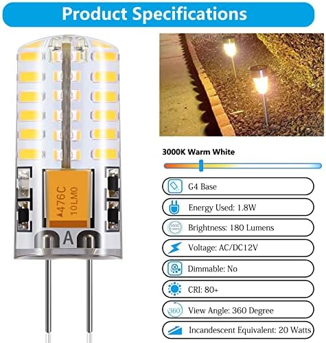 Aruigu G4 LED Sijalice, 20w ekvivalentno, toplo bijele 3000k, JC Bi-Pin osnovne led Sijalice 1.8 W AC/DC