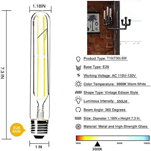 Vctc rasvjeta dimabilne 6w cjevaste LED Sijalice, 3000k topla bijela, žarulja sa filamentom u Edison stilu,