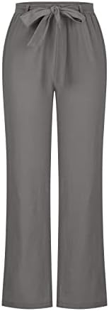 Comigeewa ženski visoko struk zavoj ravne noge elastične struke Osnovne hlače hlače posteljina ručak Ljetne